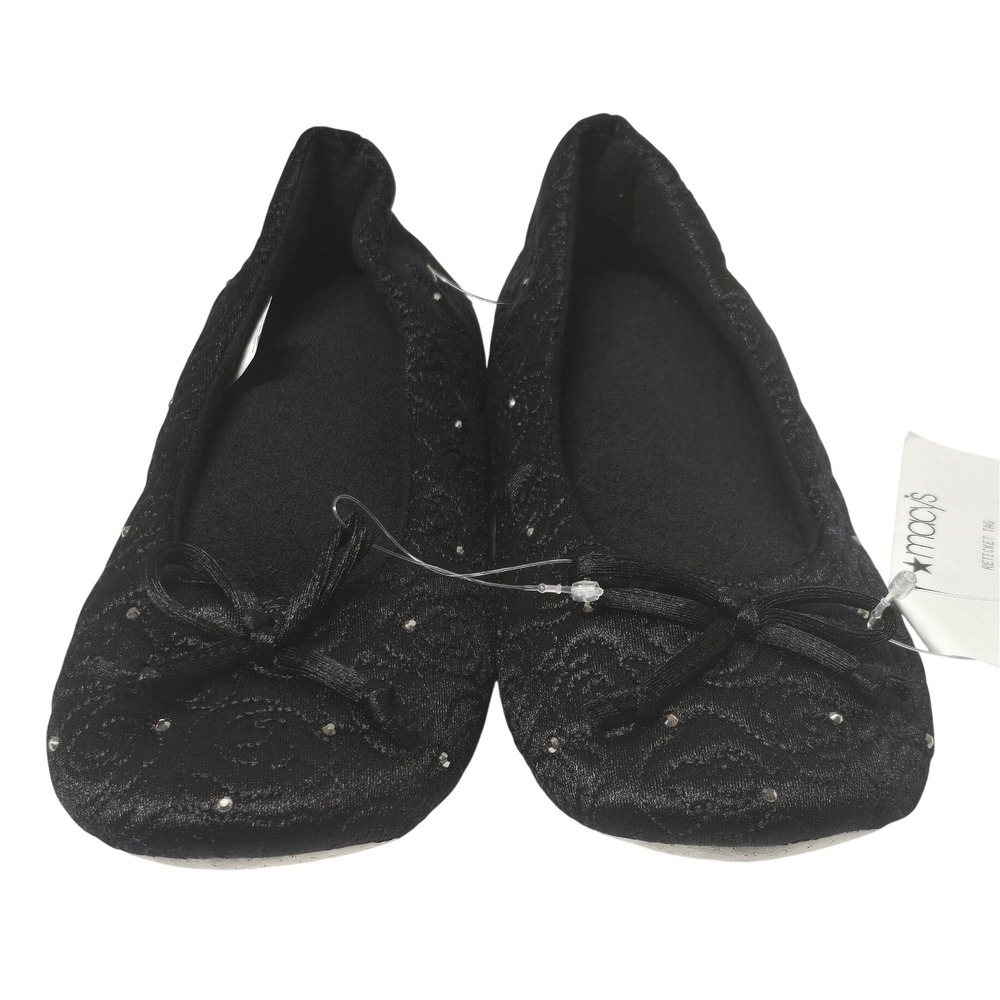 Isotoner Womens Black Rose Embossed Rhinestone Ballet Slippers Size S 5-6 NWT